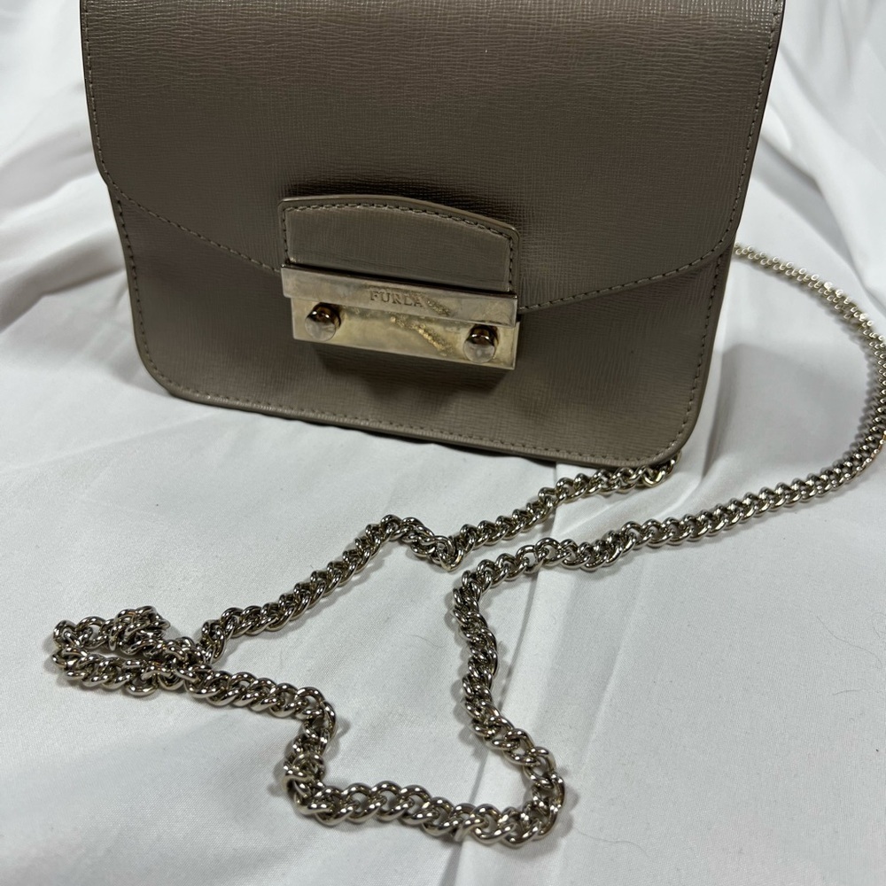 Furla Gray Crossbody Bag with Chain Strap and Metallic Clasp